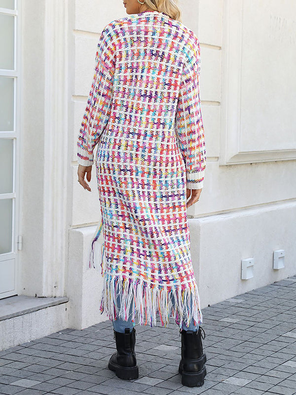 xakxx Long Sleeves Loose Plaid Tasseled Collarless Cardigan Tops