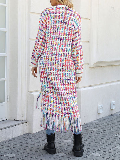 xakxx Long Sleeves Loose Plaid Tasseled Collarless Cardigan Tops