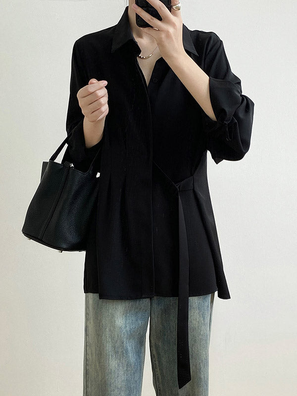 xakxx Office Loose Long Sleeves Lace-Up Solid Color Lapel Blouses