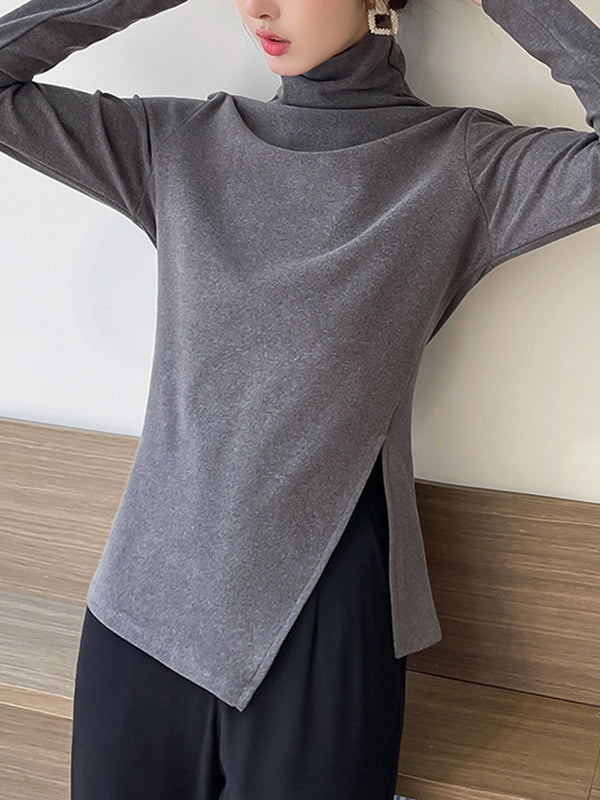 xakxx Casual Skinny Long Sleeves Split-Side Solid Color High-Neck T-Shirts Tops