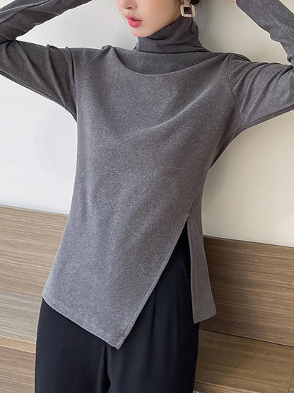 xakxx Casual Skinny Long Sleeves Split-Side Solid Color High-Neck T-Shirts Tops