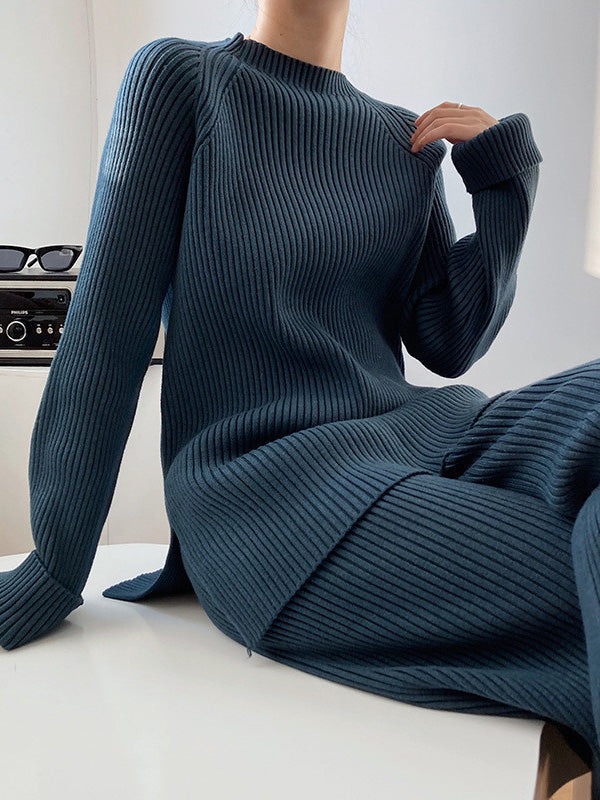 xakxx Urban Loose Solid Round-Neck Split-Side Sweater& Wide Leg Pants Suits
