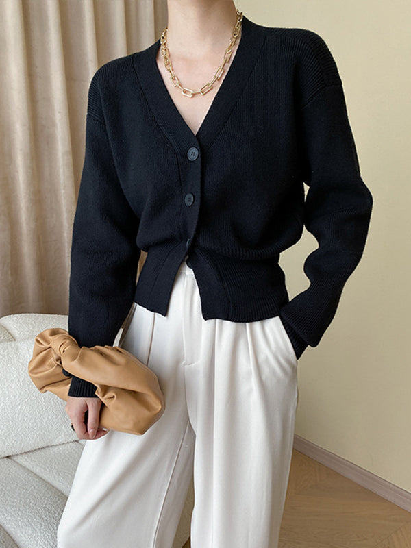 xakxx Long Sleeves Loose Solid Color V-Neck Cardigan Tops