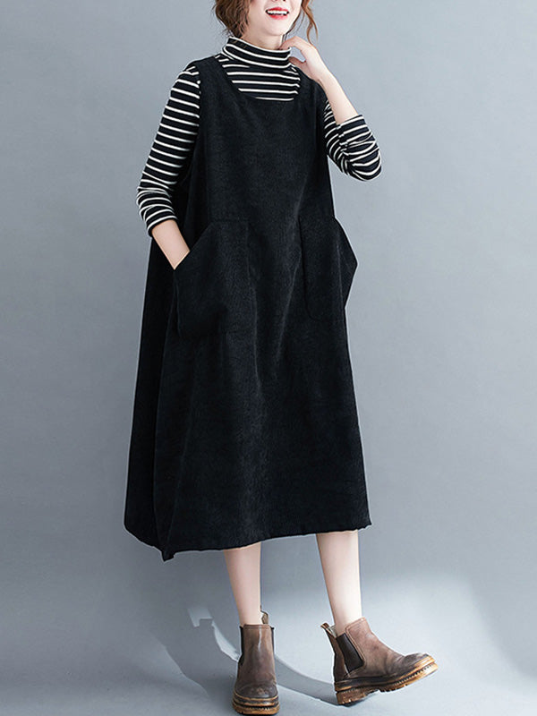 xakxx Corduroy Sleeveless Split-Joint Round-Neck Midi Dress