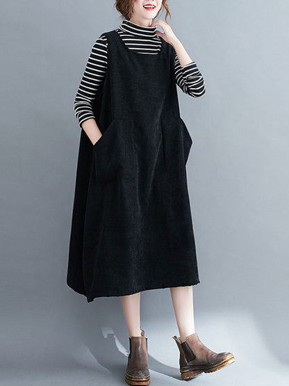 xakxx Corduroy Sleeveless Split-Joint Round-Neck Midi Dress