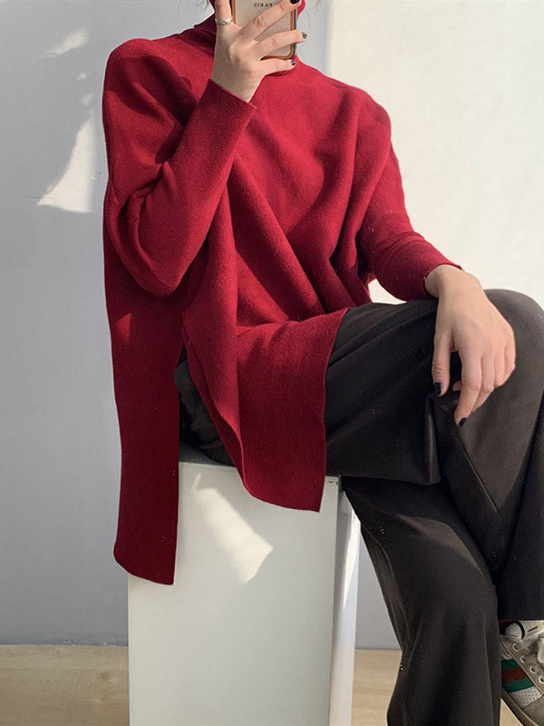 xakxx Original 4 Colors Split-Side High-Neck Long Sleeves Sweater Top
