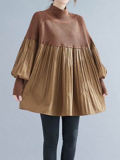 xakxx Long Sleeves Loose Pleated Split-Joint High Neck Sweater Tops