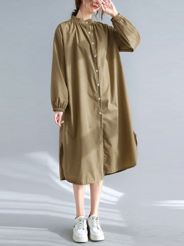 xakxx A-Line Long Sleeves Buttoned Elasticity Split-Side Mock Neck Midi Dresses Shirt Dress