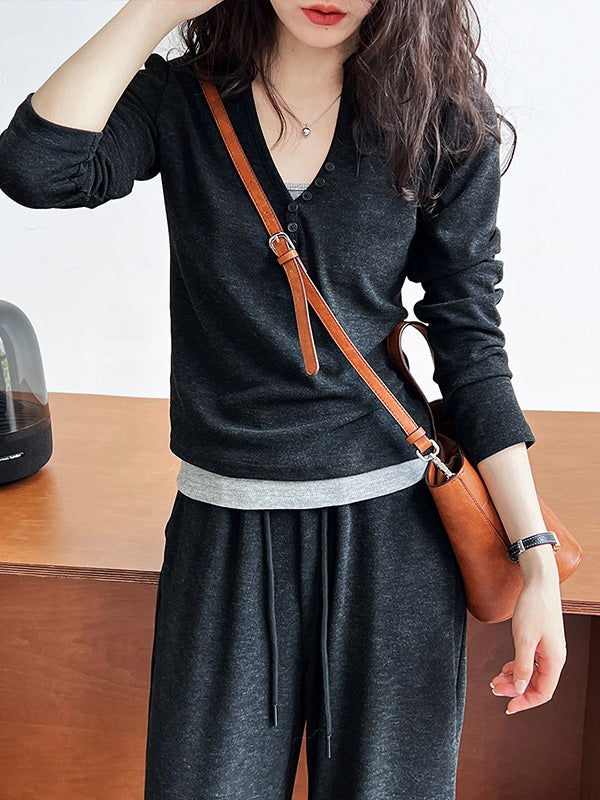 xakxx Long Sleeves Buttoned Hooded  T-Shirts Top + Vest Top + Wide Leg Drawstring Elasticity Pants Bottom Three Pieces Set