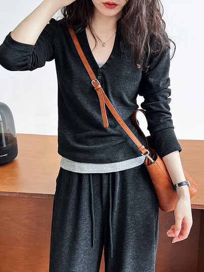 xakxx Long Sleeves Buttoned Hooded  T-Shirts Top + Vest Top + Wide Leg Drawstring Elasticity Pants Bottom Three Pieces Set