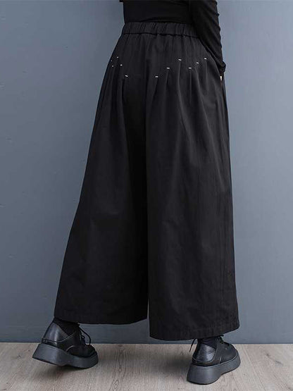 xakxx Loose Wide Leg Elasticity Embroidered Pleated Ninth Pants Trousers