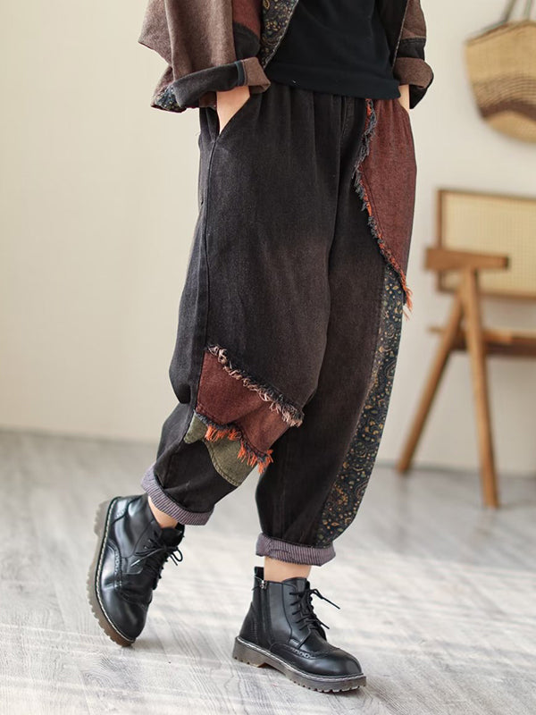 xakxx Contrast Color Fringed Split-Joint Long Sleeves Printed Outwear + Harem Pants  Two Pieces Set