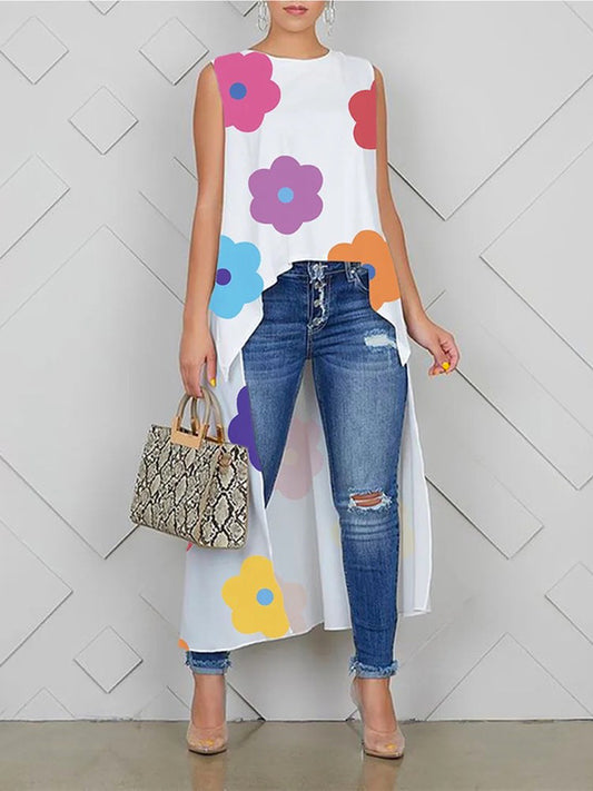 xakxx High-Low Loose Contrast Color Floral Printed Round-Neck Vest Top