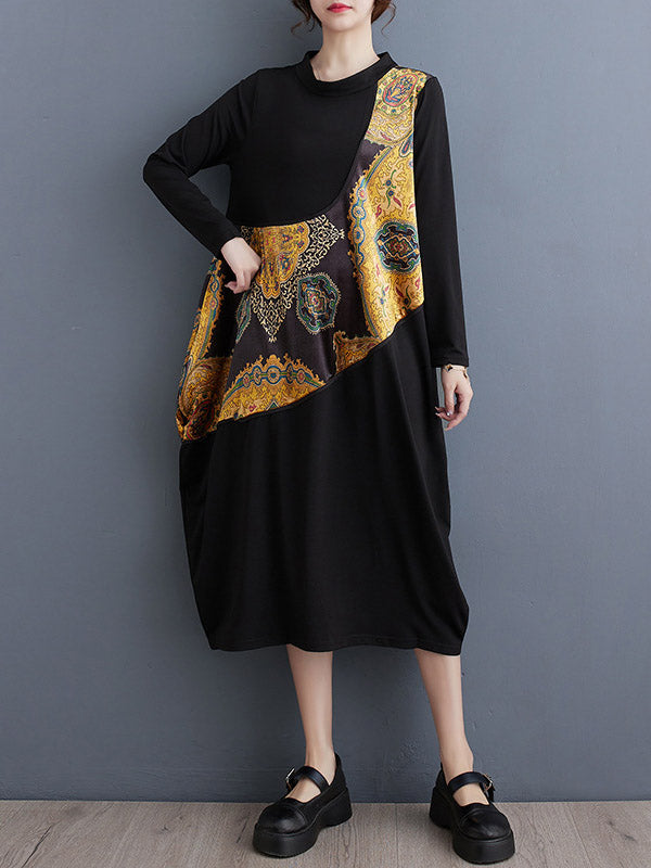 xakxx Long Sleeves Loose Asymmetric Printed Split-Joint Round-Neck Midi Dresses