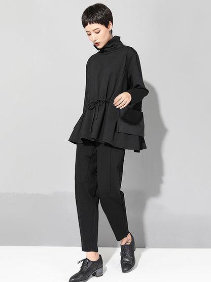 xakxx Original Solid Color Smocked High-Neck Sweatshirts