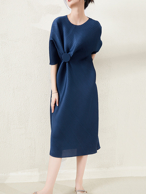 xakxx Stylish Irregularity Loose Pleated Solid Color Round-Neck Midi Dresses