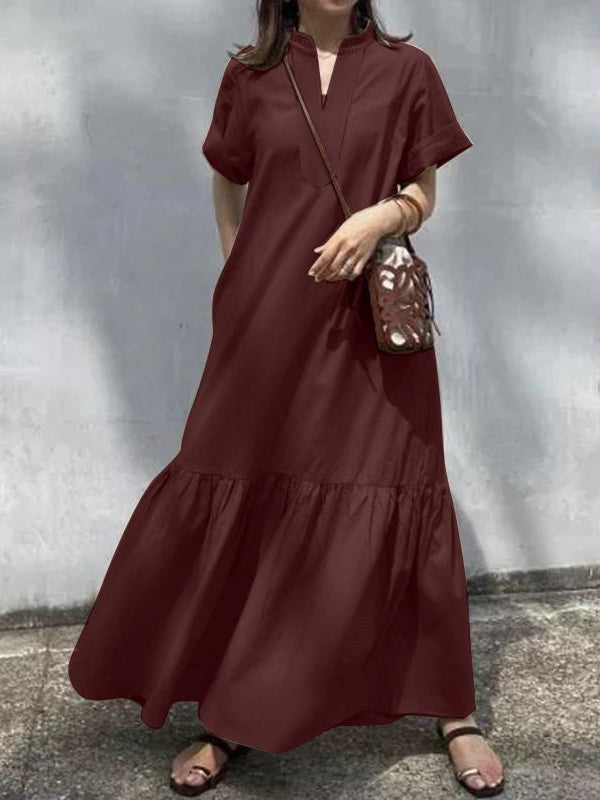 xakxx A-Line Loose Solid Color Split-Joint V-Neck Maxi Dresses