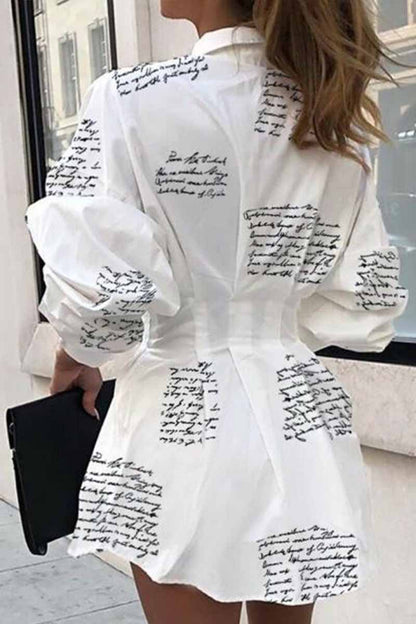 Xakxx Slim Waist Letter Print Long Sleeve Dress