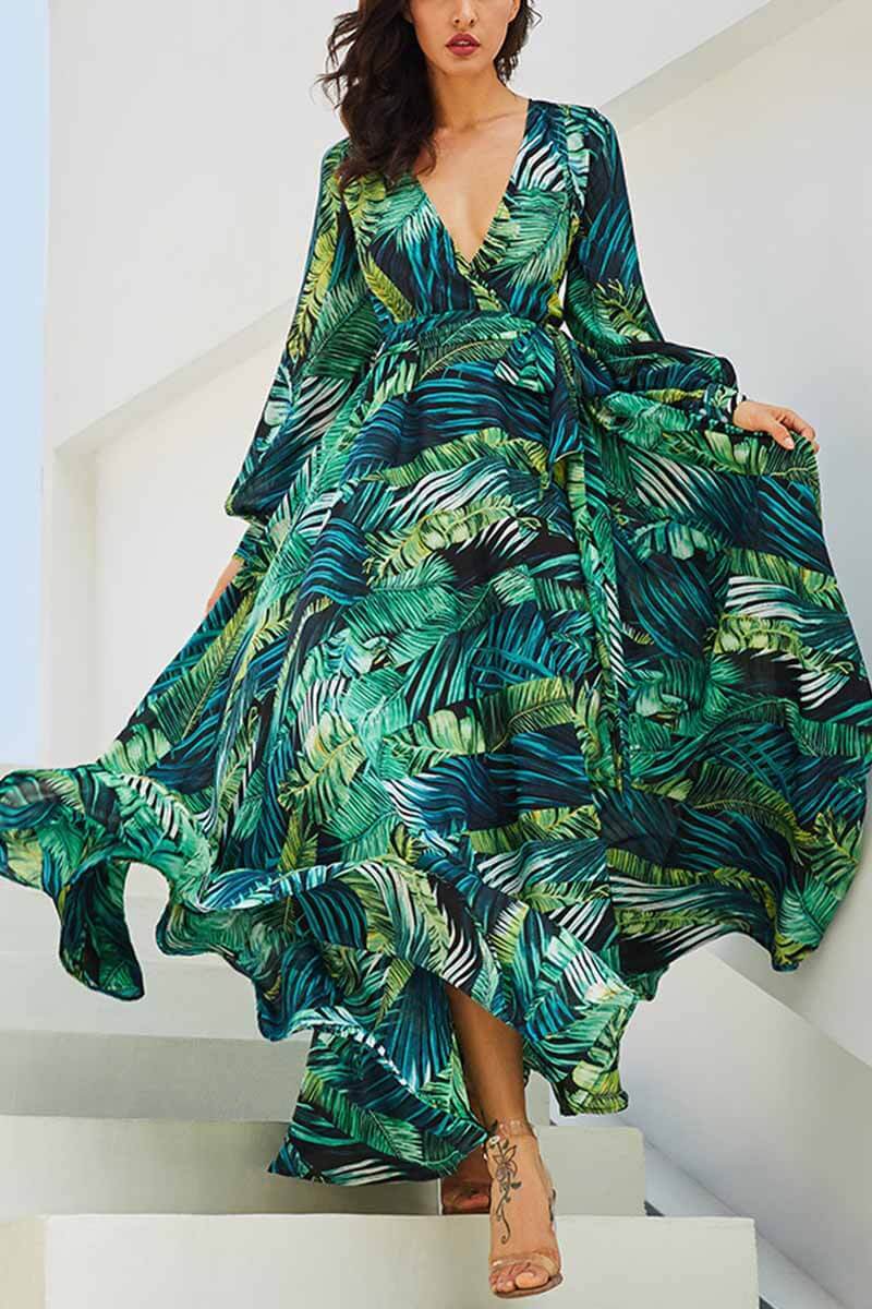 Xakxx V-Neck Leaf Print Maxi Dress