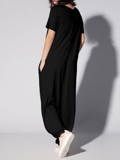 xakxx Loose Short Sleeves Figure Printed Round-Neck Jumpsuits