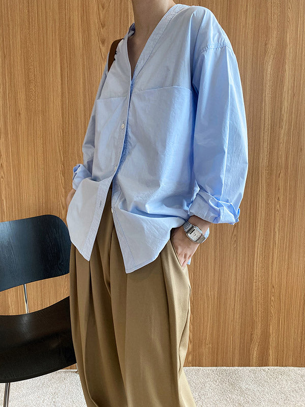 xakxx Loose Simple V-Neck Pocket Blouses