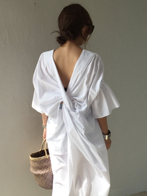 xakxx Casual Half Sleeves Loose Pleated Solid Color V-Neck Midi Dresses