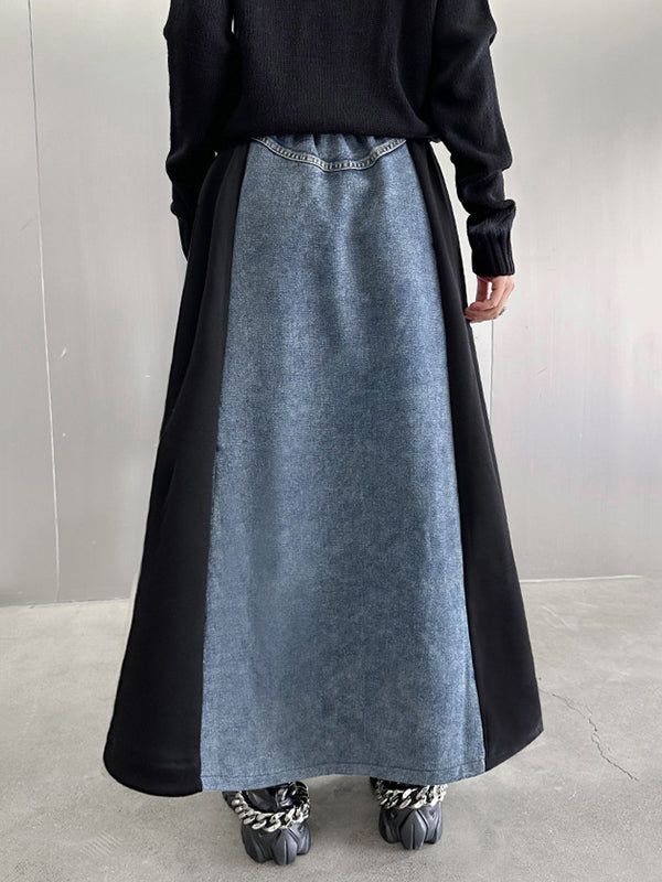 xakxx A-Line Loose Contrast Color Drawstring Split-Joint Striped Skirts Bottoms