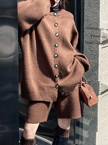 xakxx Long Sleeves Loose Buttoned Round-Neck Sweater Top + Drawstring Shorts Bottom Two Pieces Set