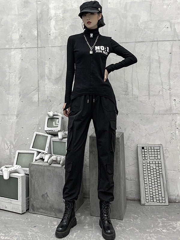 xakxx Stylish Drawstring Punk Empire Black Casual Overalls Pants