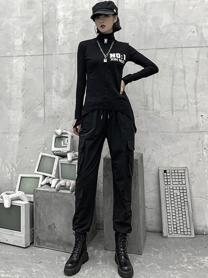 xakxx Stylish Drawstring Punk Empire Black Casual Overalls Pants