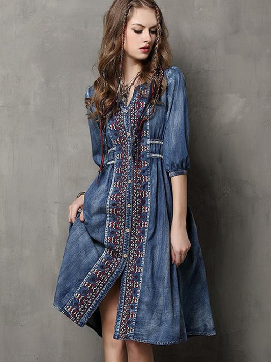 xakxx Vintage Oversize Embroidery Denim Dress