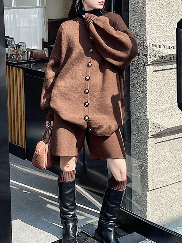 xakxx Long Sleeves Loose Buttoned Round-Neck Sweater Top + Drawstring Shorts Bottom Two Pieces Set