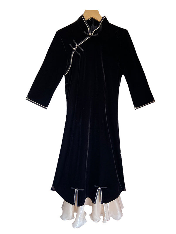 xakxx Vintage Beaded False Two Half Sleeves Long Cheongsams