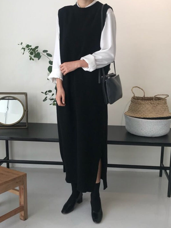 xakxx Urban Loose Sleeveless Solid Color Round-Neck Midi Dresses Sweater Dresses