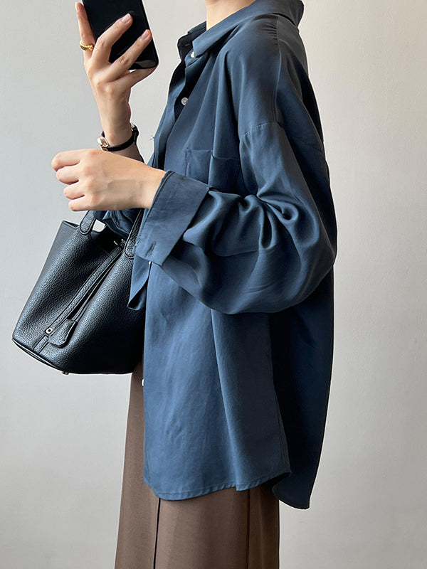 xakxx Vintage Long Sleeves Loose Solid Color Lapel Collar Blouses