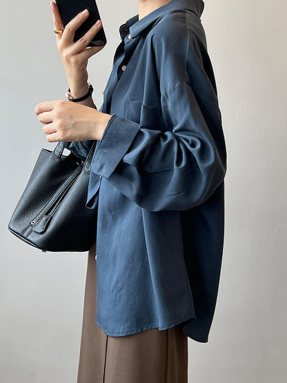 xakxx Vintage Long Sleeves Loose Solid Color Lapel Collar Blouses