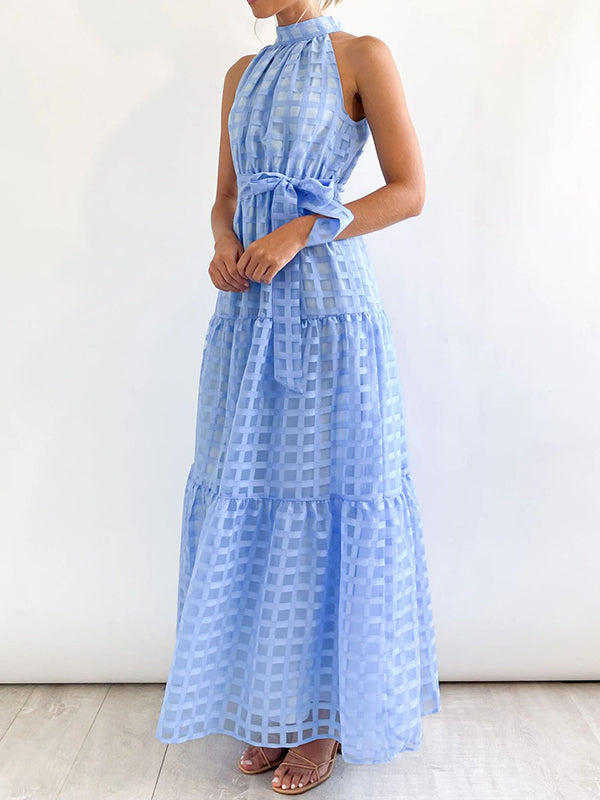 xakxx Loose Sleeveless Plaid Ribbed Stand Collar Maxi Dresses