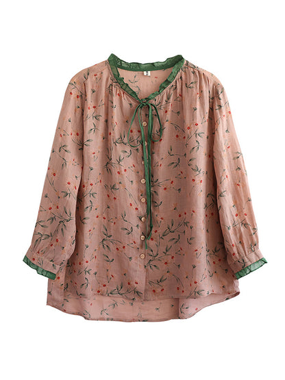 xakxx Long Sleeves Loose Floral Printed Lace-Up Round-Neck Blouses&Shirts Tops