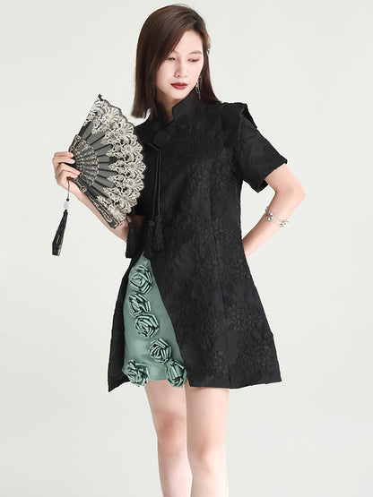xakxx Vintage Contrast Color Applique Embroidered Short Cheongsams Mini Dress