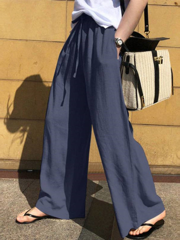 xakxx High Waisted Loose Drawstring Pockets Solid Color Pants Trousers