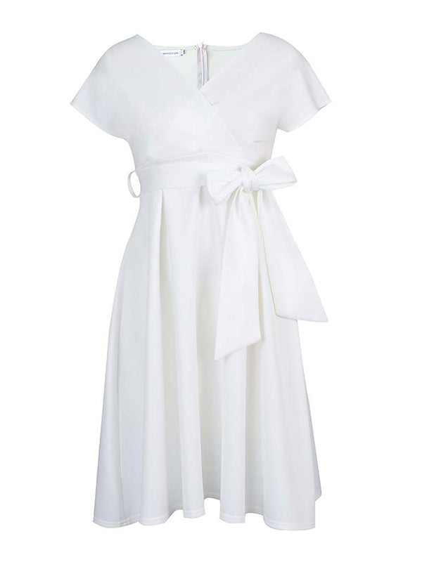 xakxx Bowknot Lace-Up Solid Color V-Neck Midi Dresses