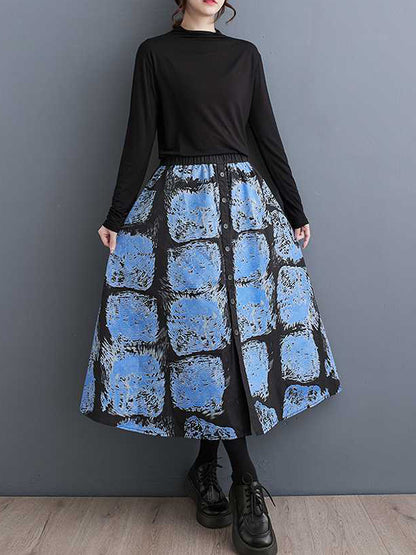 xakxx A-Line Loose Contrast Color Elasticity Printed Split-Joint Skirts