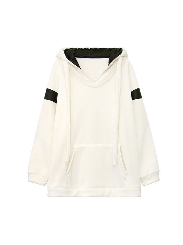 xakxx Long Sleeves Loose Contrast Color Drawstring Pockets Velvet Hoodies Tops