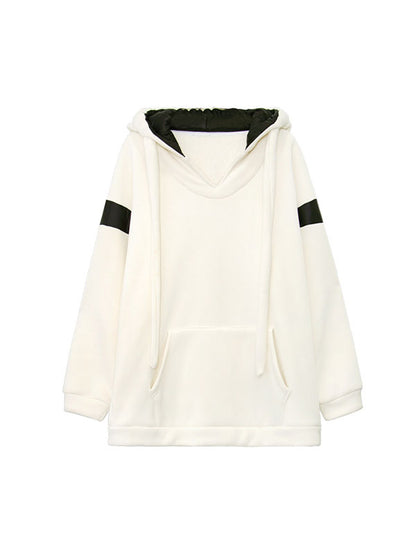 xakxx Long Sleeves Loose Contrast Color Drawstring Pockets Velvet Hoodies Tops