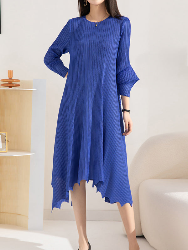xakxx Irregular Clipping Loose Pleated Solid Color Round-Neck Midi Dresses