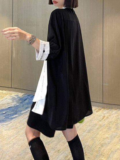 xakxx Loose Short Sleeves Contrast Color Lace-Up Letter Print Split-Joint Stand Collar Blouses