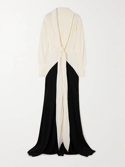 xakxx Long Sleeves Loose Contrast Color V-Neck Evening Dresses Maxi Dresses