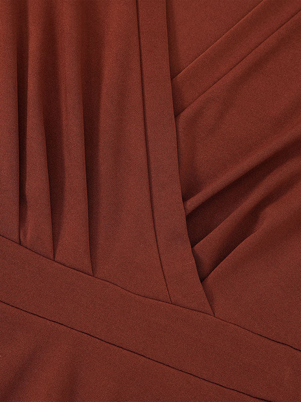 xakxx A-Line Long Sleeves Gauze Pleated Split-Joint V-Neck Midi Dresses