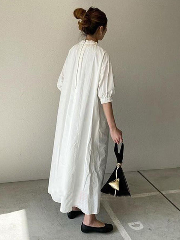 xakxx Simple Solid Color Stand Collar Loose Half Sleeve Dress