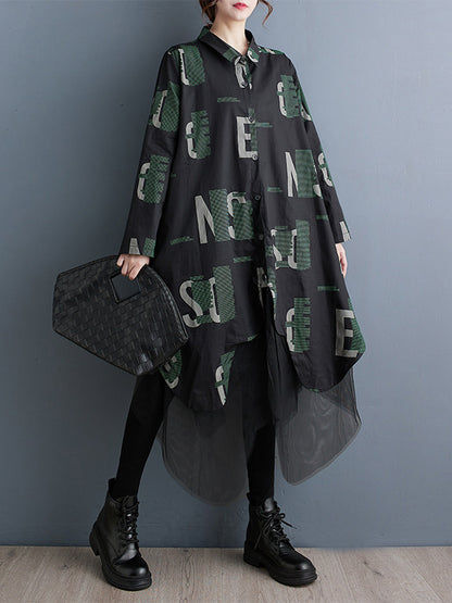 xakxx A-Line Long Sleeves Buttoned Letter Print Mesh Split-Joint Lapel Midi Dresses Shirt Dress